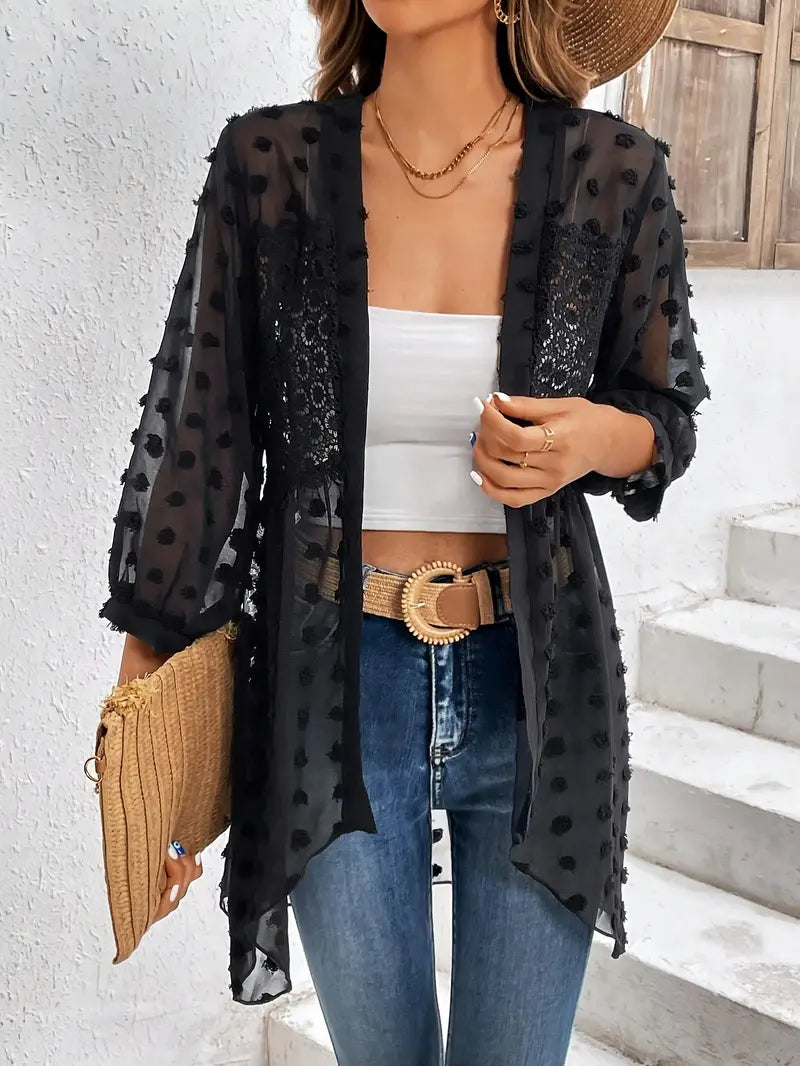 Damen-Langarmshirt mit Spitzeneinsatz aus Materialmix