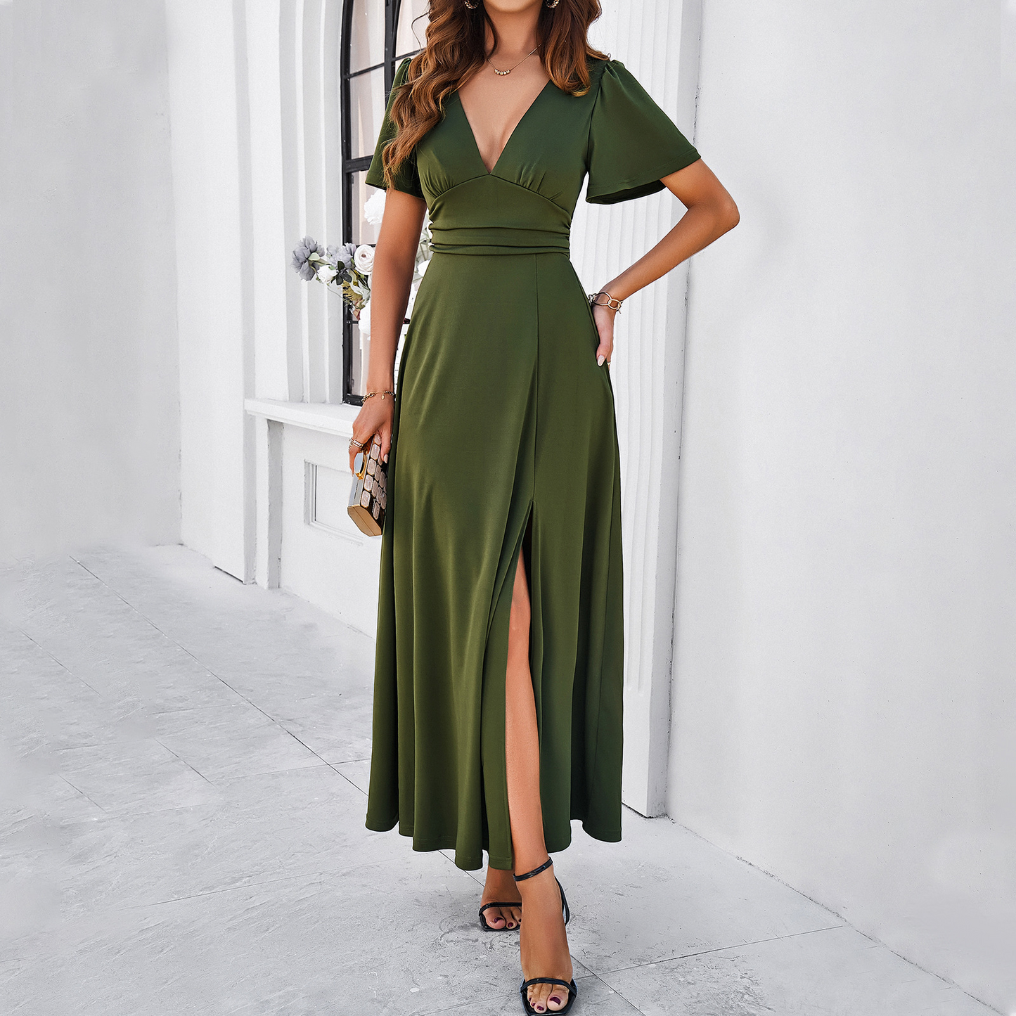 Damen-Kurzarmkleid – Seitenschlitz, atmungsaktiver Baumwoll-Materialmix