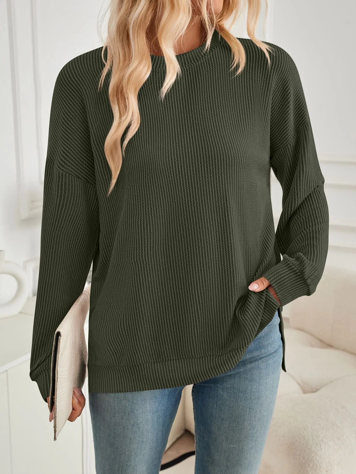 Geriffelter langarm Pullover mit Schlitz