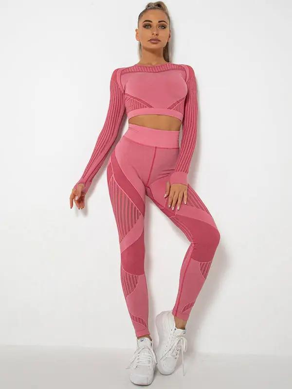 Nahtloses Yoga-Sportset mit eng gestreifter Langarmhose und schnelltrocknendem Material