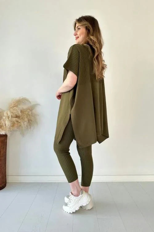 Damen-T-Shirt mit Strickstruktur und lockerer Passform aus Materialmix