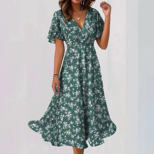 Midikleid mit V-Ausschnitt und kurzen Ärmeln aus Viskosemischung