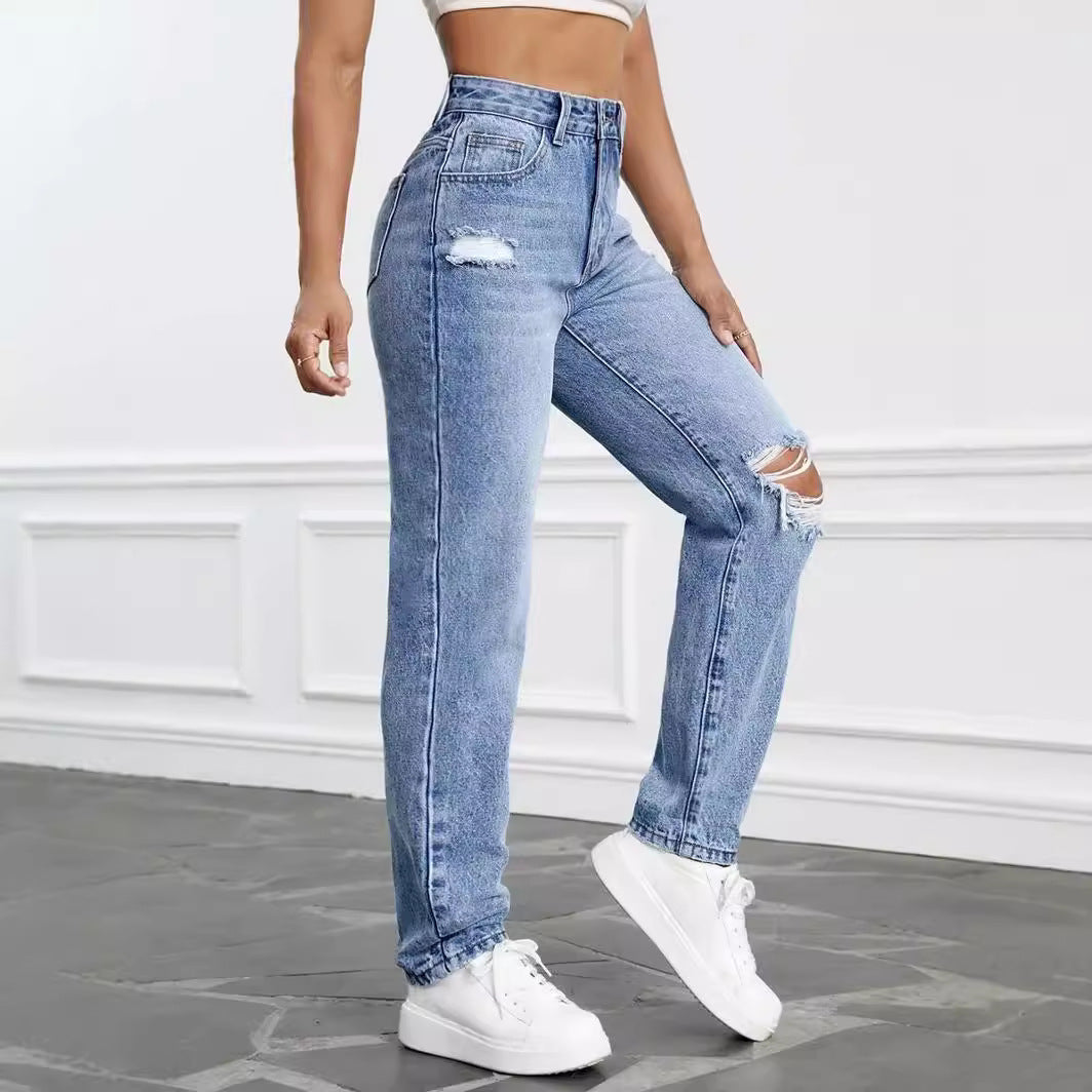 Löchrige Jeans mit hohem Bund und geradem Schnitt