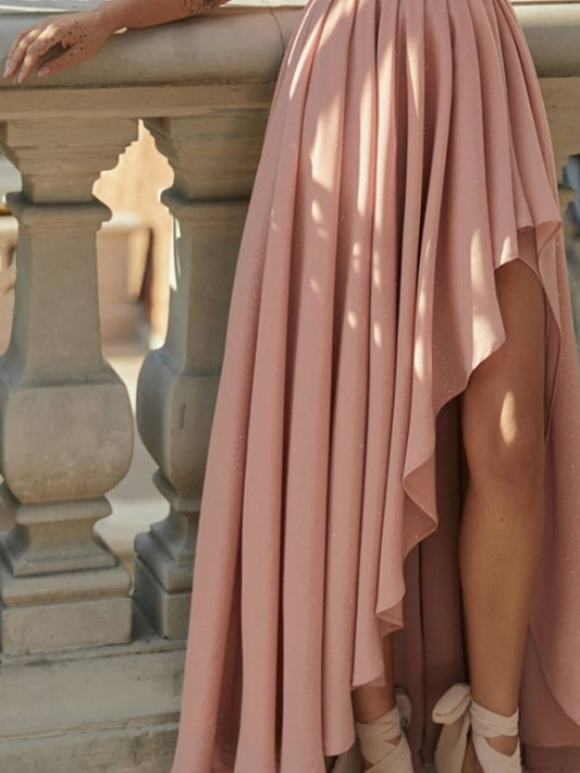 Damenkleid – One-Shoulder-Schnitt, fließender Chiffon, elastische Taille