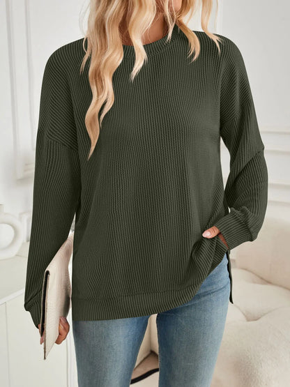 Geriffelter langarm Pullover mit Schlitz