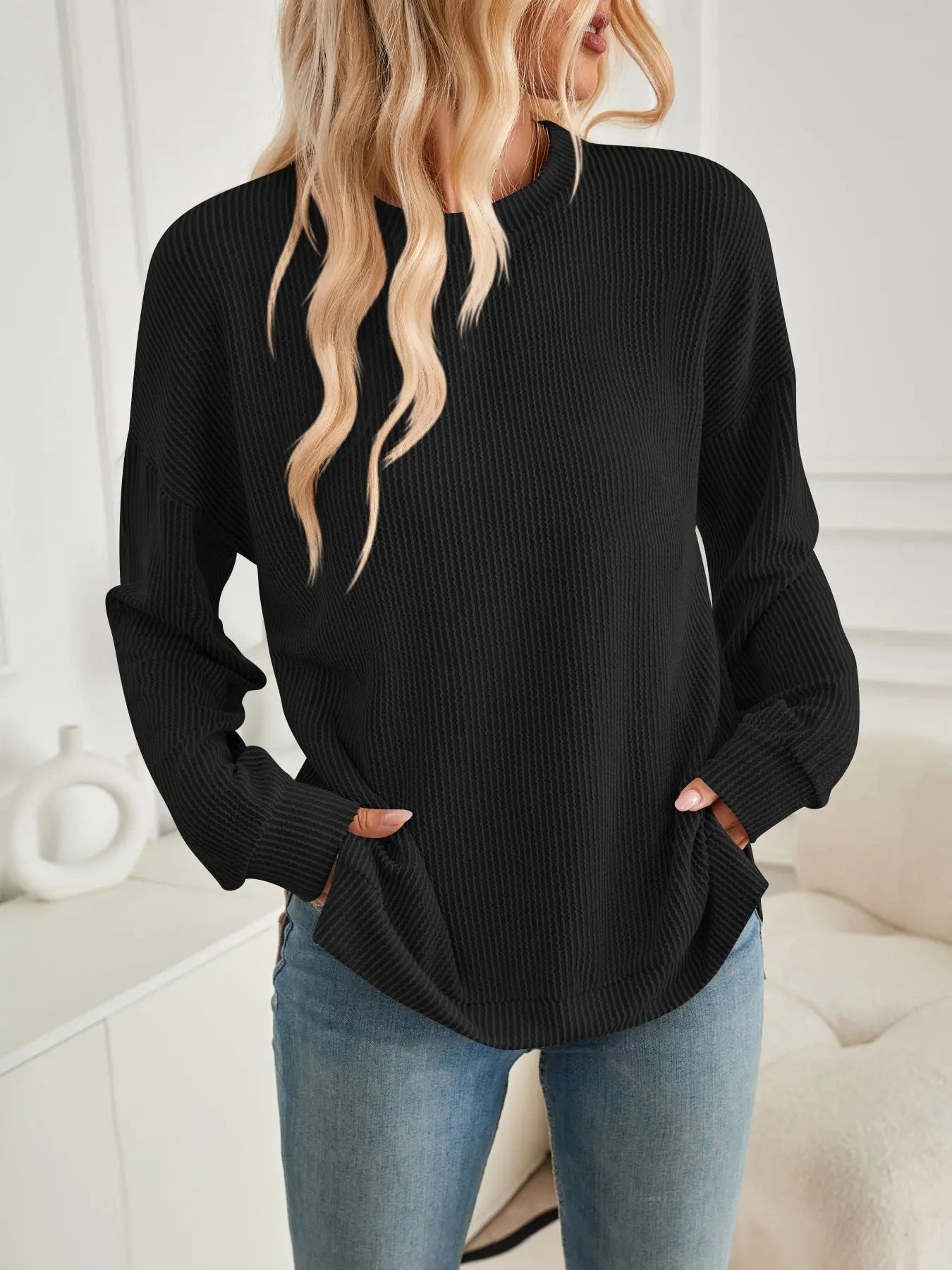 Geriffelter langarm Pullover mit Schlitz