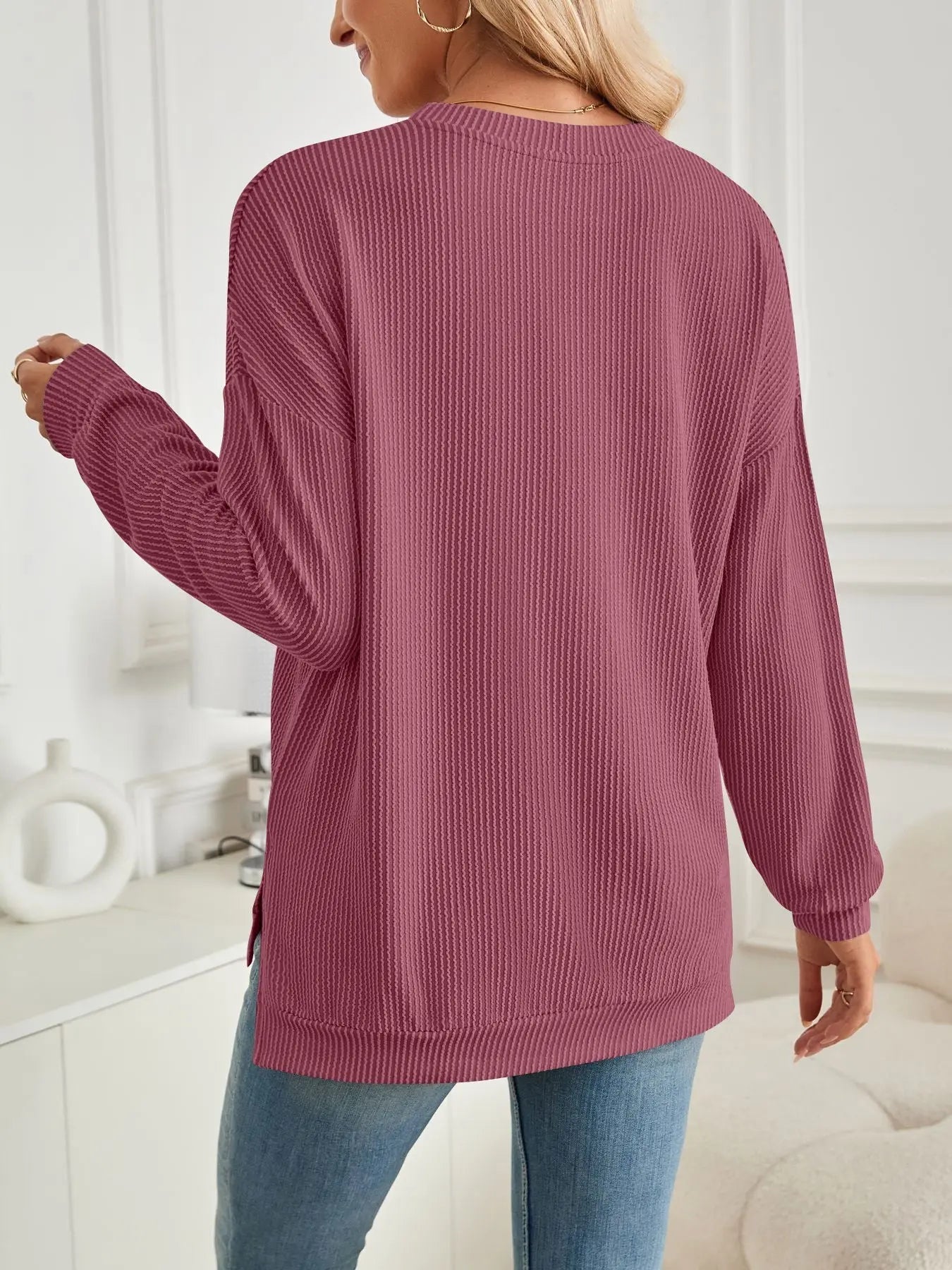 Geriffelter langarm Pullover mit Schlitz