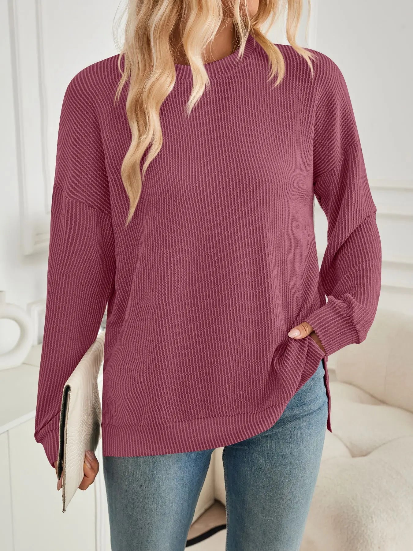 Geriffelter langarm Pullover mit Schlitz