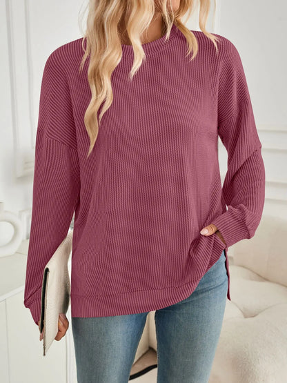 Geriffelter langarm Pullover mit Schlitz