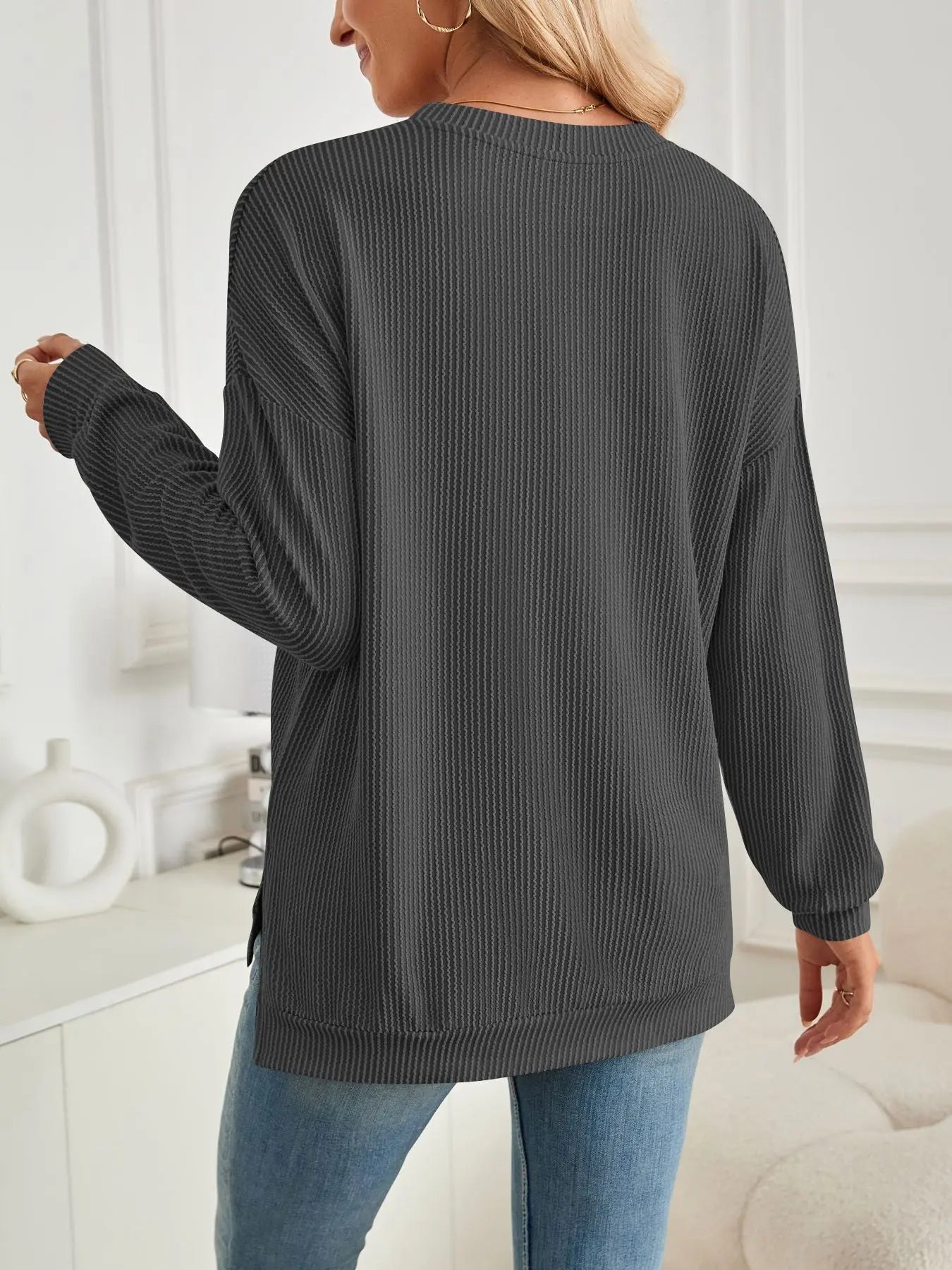 Geriffelter langarm Pullover mit Schlitz