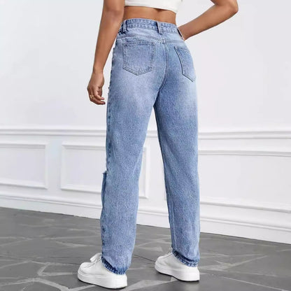 Löchrige Jeans mit hohem Bund und geradem Schnitt