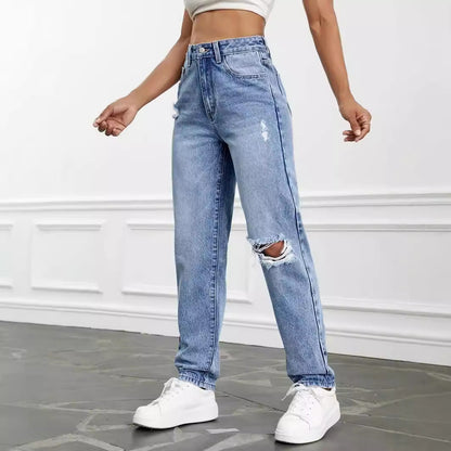 Löchrige Jeans mit hohem Bund und geradem Schnitt